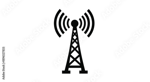 Simple black silhouette of a radio transmission tower with radiating waves