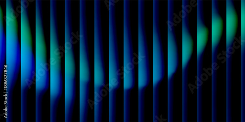 3d render, dynamic abstract geometric stripes in blue and green gradient on a black background