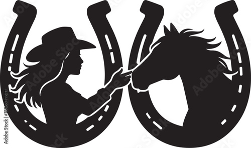 Silhouette of cowboy touching horse framed by upright horseshoes, western bond and equestrian design