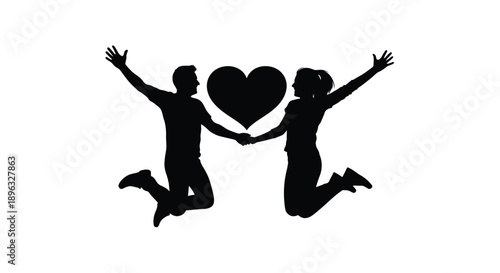 Silhouetted couple jumping with arms raised a heart between them