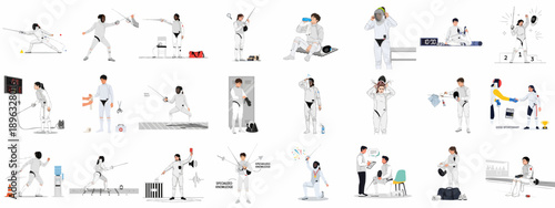 Comprehensive Fencing Sport Activity Vector Set: Training, competition, equipment, victory, defeat, and specialized knowledge scenes illustrated.
