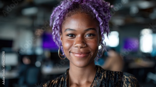 Wallpaper Mural A portrait of a cheerful young woman with vibrant purple curly hair, radiating confidence and positivity, ideal for lifestyle and beauty brand representations. Torontodigital.ca