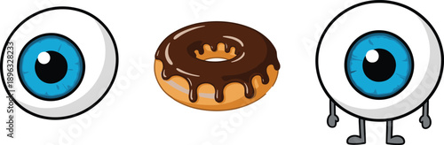 Funny Cartoon Eye and Donut Character Illustration Set Featuring Cute Eyeball Mascot, Chocolate Donut Icon, Creative Humor Design, and Playful Visual Concepts.