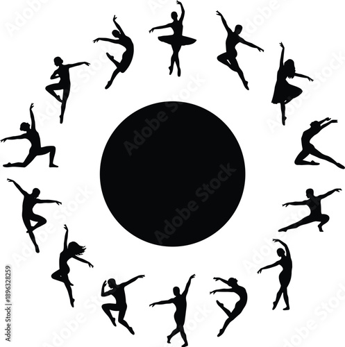 Dance silhouettes circle composition showing ballet and contemporary dancers jumping and posing, artistic movement and creative performance isolated on white background