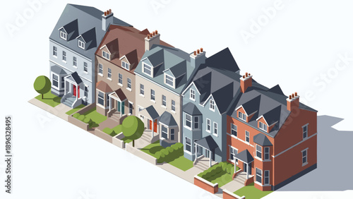 Colorful row houses with different roof styles and gardens