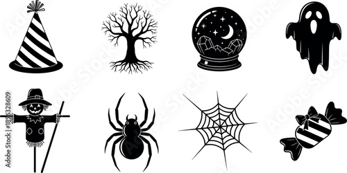 Halloween black silhouette icon set featuring party hat, spooky tree, crystal ball, ghost, scarecrow, spider, web and candy vector.