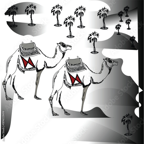 Two camels with red saddle decorations walking in a stylized desert landscape with palm trees dromedary
