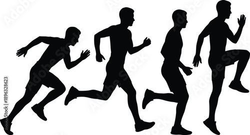 Running man silhouettes sequence showing sprint, jog and dynamic motion stages, athletic performance and speed movement isolated on white background