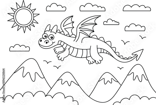 A friendly cartoon dragon soars through a bright sky above snowy mountains with a smiling sun and fluffy clouds