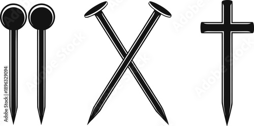 Metal Nails and Cross Nail Icon Set Featuring Construction Fasteners, Hardware Tools, Industrial Fixing Elements, Carpentry Symbols, and Building Material Concepts.