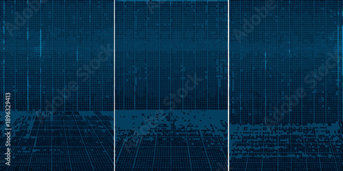 Blue grid pattern with vertical lines and pixelated texture overlay