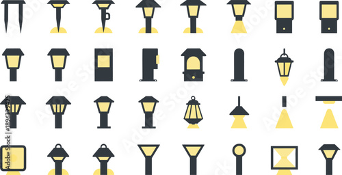 Large collection of minimalist garden light icons for outdoor landscape planning and mobile application user interface design