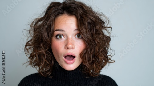 A young woman with curly hair expresses surprise and excitement, showcasing a genuine emotional reaction that captures a moment of astonishment and joy.