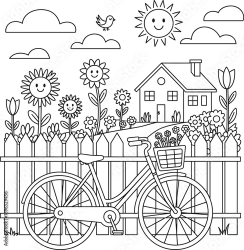 Cheerful cartoon scene with a bicycle in front of a white picket fence with smiling sunflowers and a happy house under a bright sun and fluffy clouds