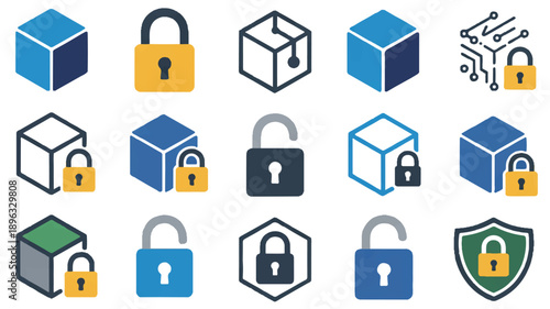 A collection of 12 security and privacy logo designs arranged in a 3x4 grid (1)_traced