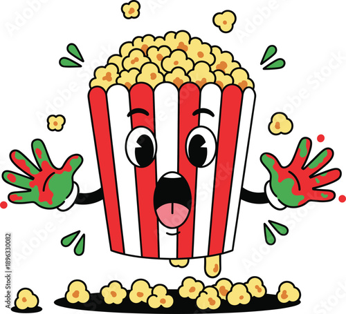 Funny Cartoon Popcorn Character with Surprised Face and Green Gloved Hands for Movie Theater Promotions, Cinema Snacks Branding, Film Festival Graphics, and Snack Food Mascots
