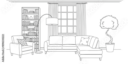 Modern interior living room line art illustration with sectional sofa bookshelf floor lamp window and potted plant for coloring page or architectural design