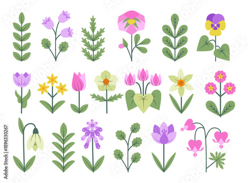 Comprehensive set of geometric spring flowers and leaves including pansy, tulip, daffodil, snowdrop, and bleeding heart in flat style