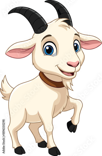 Happy White Goat Cartoon Character with Horns and Hooves for Farm Animal Illustrations, Childrens Educational Books, Kids Story Graphics, and Friendly Animal Mascot Designs