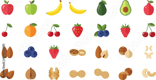 Colorful flat icon collection of fresh fruits and healthy nuts with avocado banana strawberry and hazelnut for organic food apps and nutrition infographics