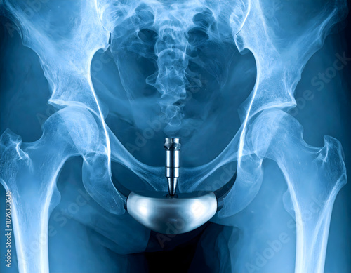 Hip replacement X-ray with metal prosthesis in pelvis