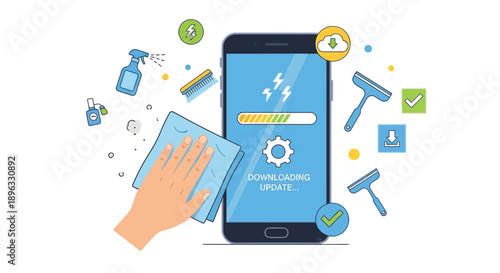 Smartphone Cleaning and System Update Flat Vector Illustration
