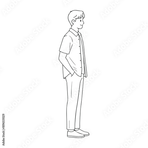 Simple black and white outline illustration of a male character posing with hands in pockets