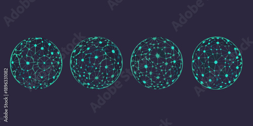 four glowing teal spheres with intricate network patterns on a dark blue background