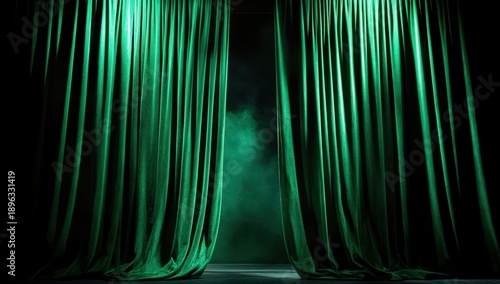 A dramatic scene featuring green curtains with a smoky background, creating a mysterious and theatrical atmosphere.