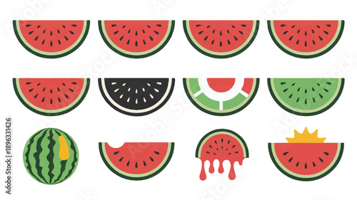 A collection of 12 stylized watermelon slice illustrations arranged in a 3x4 grid (3)_traced