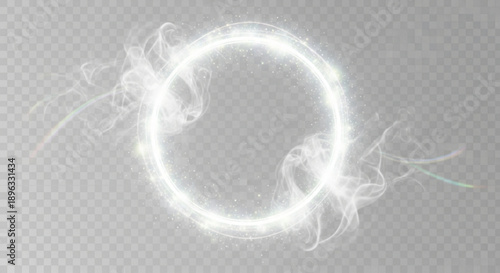 Glowing white circle with wispy smoke tendrils on gray transparent background with subtle checkered pattern