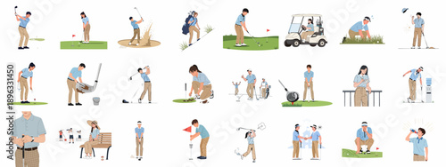 Golf activities vector collection: golfers swinging, putting, driving carts, and celebrating success in various flat design scenes on the course.