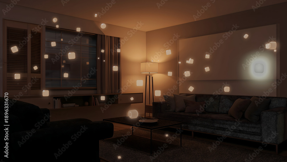 Fototapeta premium Smart Home Living Room Interior at Night with Interfaces