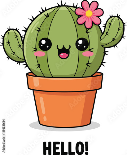 Cute Kawaii Cactus Character in Terracotta Pot with Pink Flower and Hello Text for Greeting Cards, Desert Themes, and Friendly Sticker Designs
