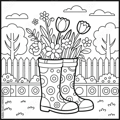 Whimsical coloring page depicting rain boots filled with colorful flowers in a garden setting wellington boots