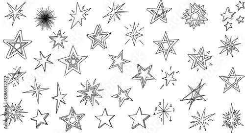 Hand Drawn Star Doodle Mega Set With Sparkle Burst And Decorative Astral Shapes In Playful Black Sketch Illustration Style Isolated On White Background