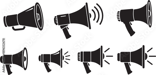 Loudspeaker megaphone icon set. Megaphone icon set. Electric megaphone with sound or marketing advertising. Megaphone icon, loud speaker icon