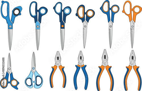 Collection of various scissors and pliers vector icons including tailor shears craft scissors and professional gripping tools isolated on white background.