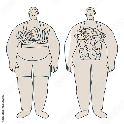 Vegan diet for weight loss and healthy lifestyle, obese man turning into fit handsome guy, vector illustration. Male cartoon character before and after vegetarian food. Organic vegetable isolated icon