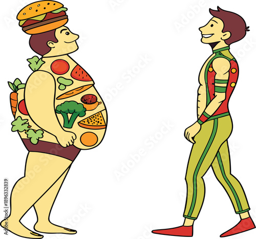 Vegan diet for weight loss and healthy lifestyle, obese man turning into fit handsome guy, vector illustration. Male cartoon character before and after vegetarian food. Organic vegetable isolated icon
