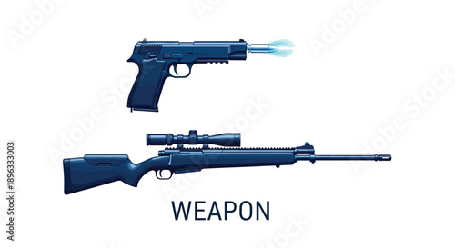 Blue illustration of a pistol with glowing barrel and a sniper rifle below