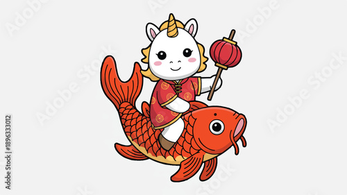 A cute cartoon illustration of a white unicorn riding a large red koi fish (3)_traced