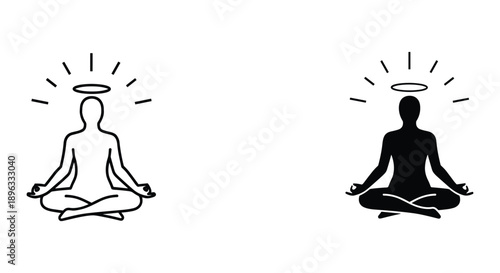 Meditating Silhouettes with Halos in Lotus Position, Black and White Illustration