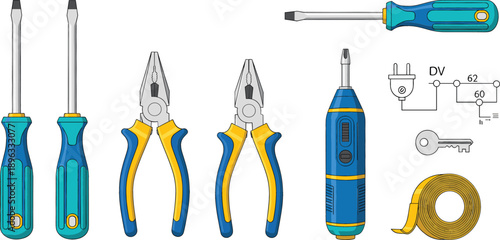 Hand tools vector set with screwdrivers pliers electrical tester key and tape for construction repair and home maintenance isolated on white background.