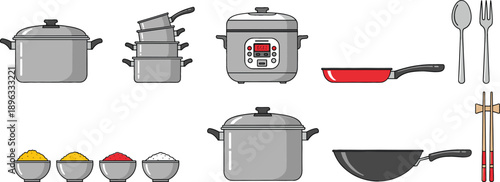 Professional kitchenware vector set featuring stainless steel pots frying pans rice cooker wok spice bowls and dining utensils isolated on white background.