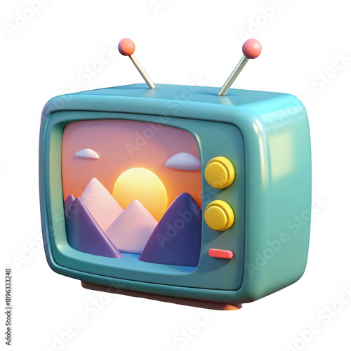 3d rendered retro television showing a sunset landscape isolated on transparent background