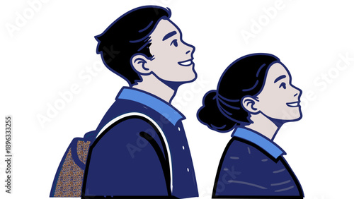 Couple standing together, facing same direction, illustration of people in modern attire