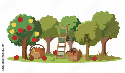 Cartoon orchard vector illustration with apple, pear, and apricot trees in colorful harvest design