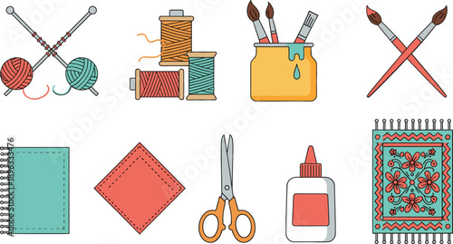 Art and craft vector set featuring knitting needles yarn thread spools paintbrushes scissors glue and decorative textile isolated on white background.