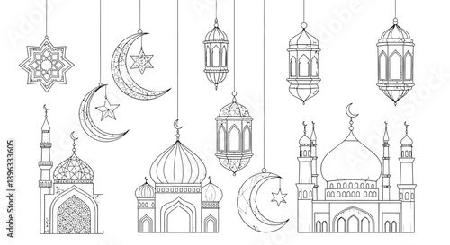 Ramadan Kareem Ornament Set: Islamic Line Art Elements, Mosque and Lantern Illustrations for Eid Mubarak
